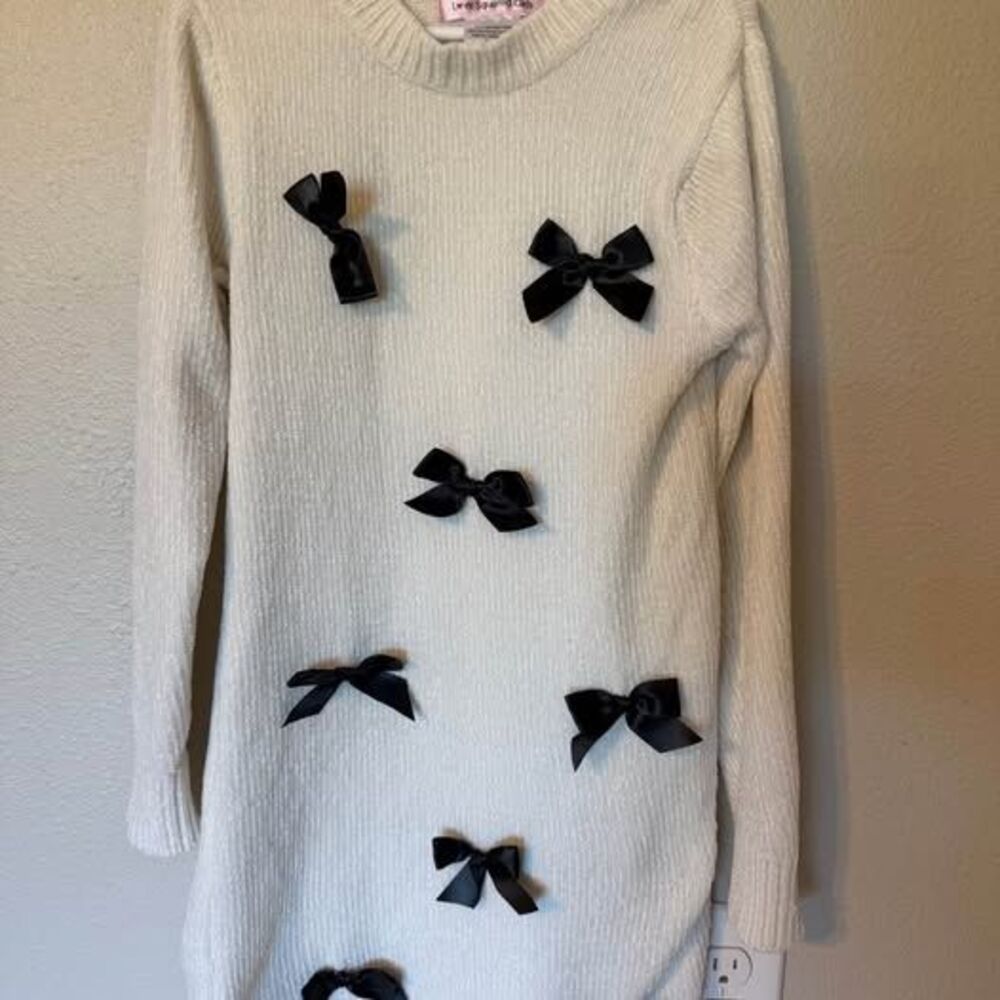 Love Squared Girls Ivory/Black Knit Sweater Dress Bows Long Sleeve Size 7